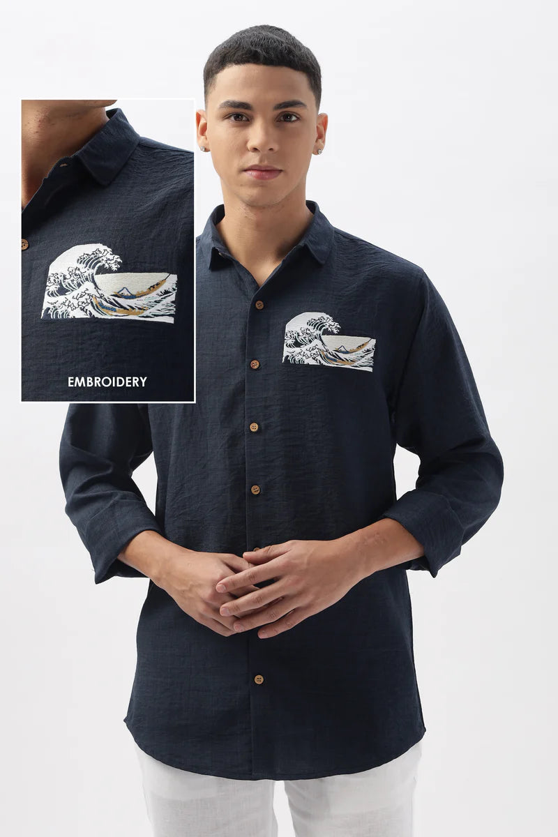 The "Turtle Cove" Wave Blue Embroidery Shirt