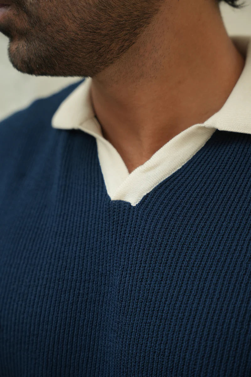 Navy Contrast Collar Flat Knit Polo