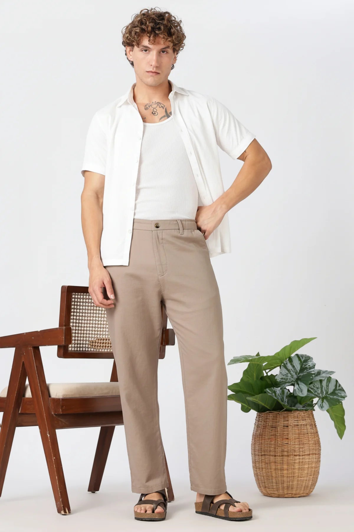 Linen-style 100% Cotton Straight Fit Beige Pant