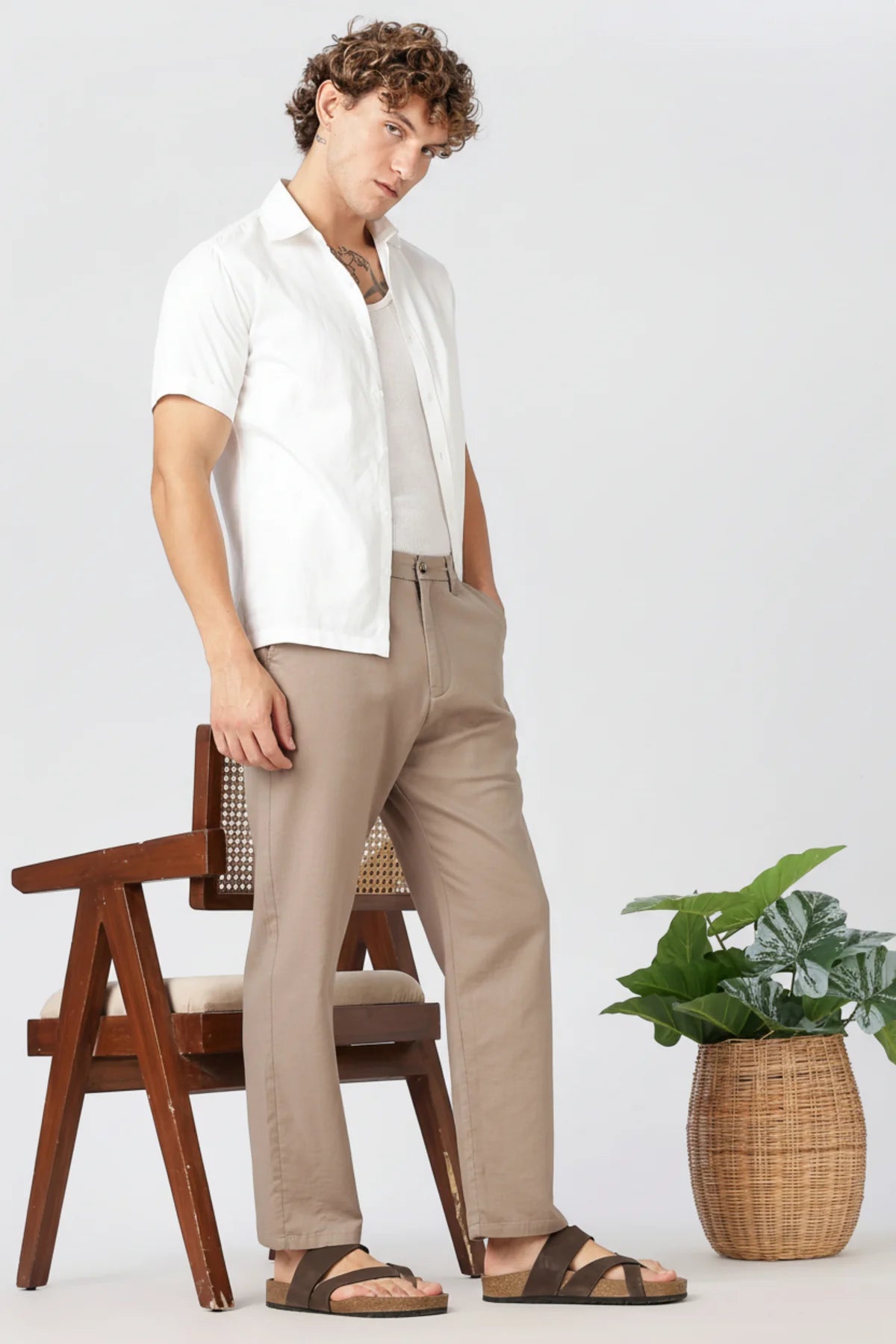 Linen-style 100% Cotton Straight Fit Beige Pant