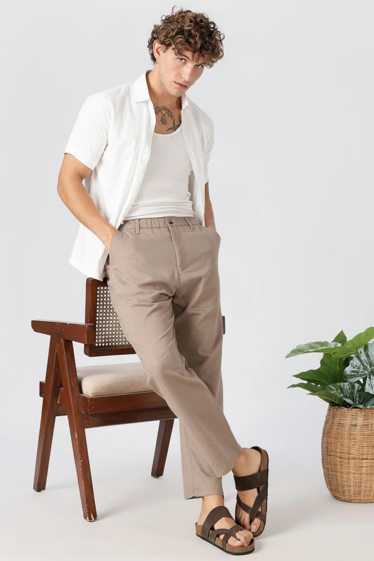 Linen-style 100% Cotton Straight Fit Beige Pant