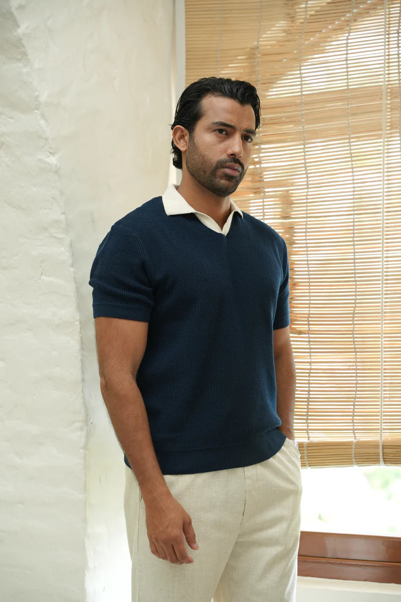 Navy Contrast Collar Flat Knit Polo