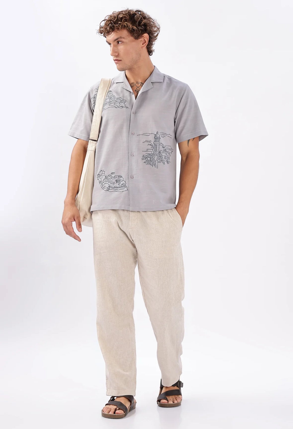 Skyline of Lisboa Cuban Collar Embroidery Shirt