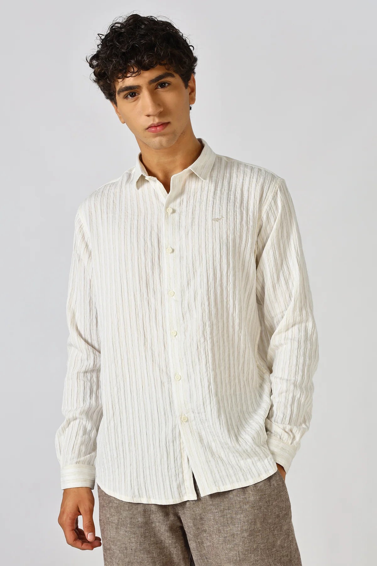 Milan Beige Seersucker Striped Essential Shirt