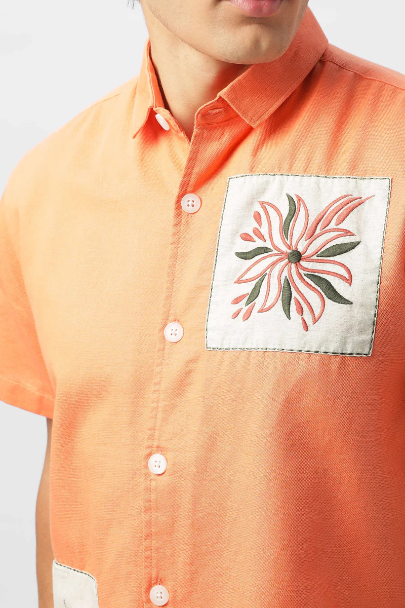 Patchwork Embroidered Men's Coral Shirt
