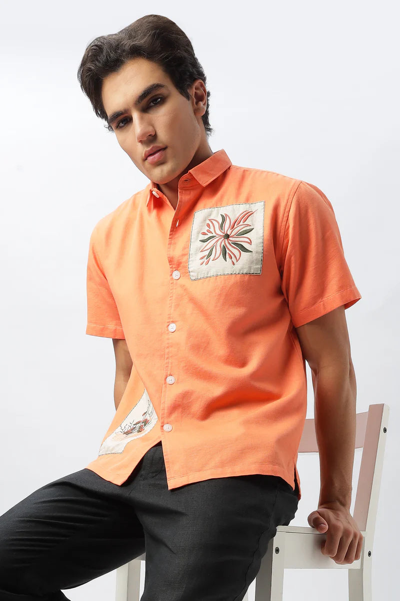 Patchwork Embroidered Men's Coral Shirt