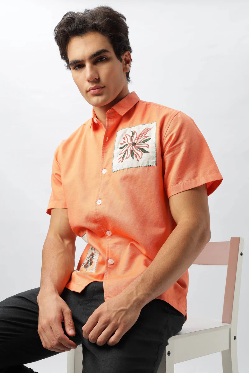 Patchwork Embroidered Men's Coral Shirt