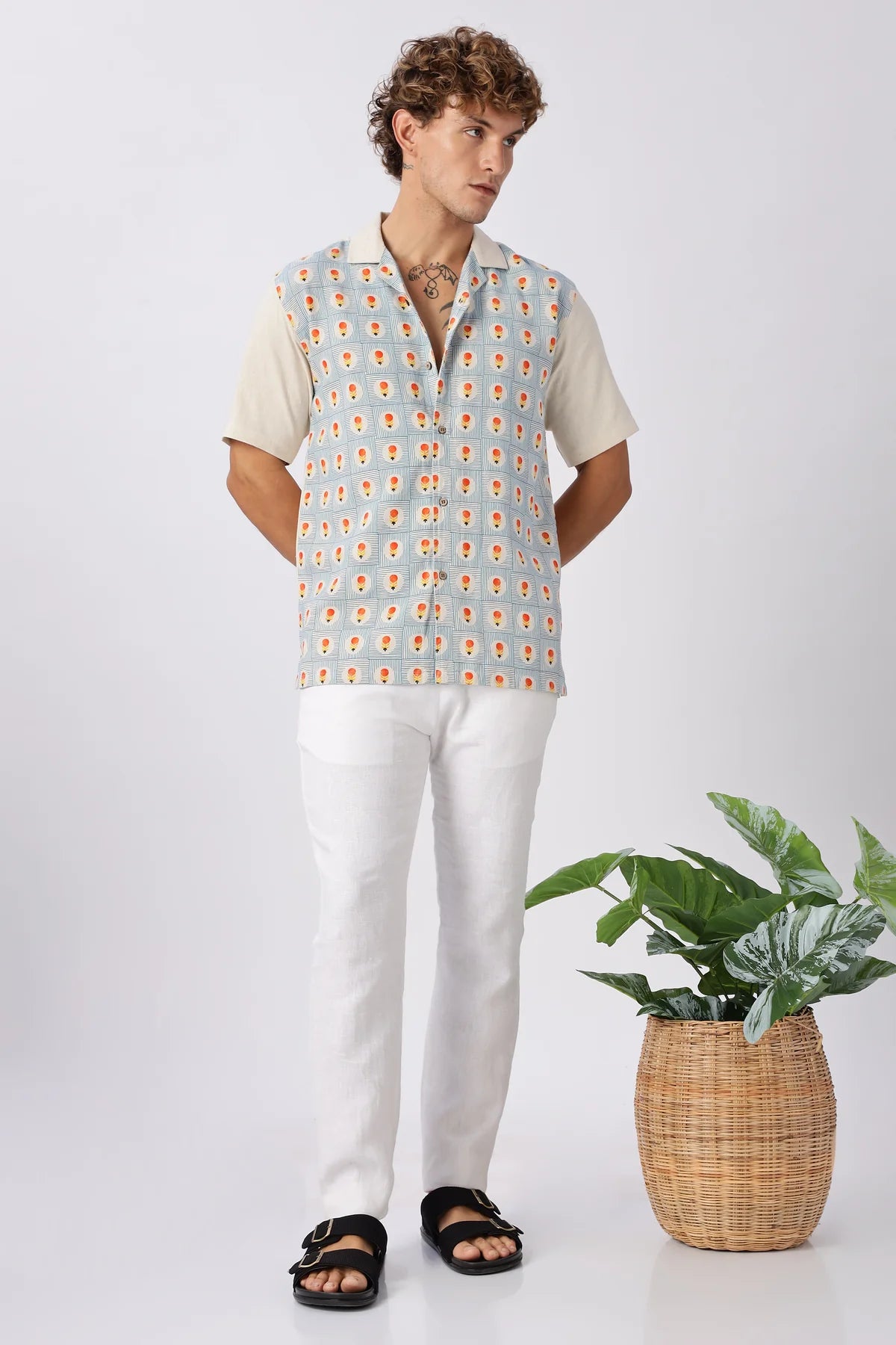 Retro Geometric Print Cuban Collar Style Shirt