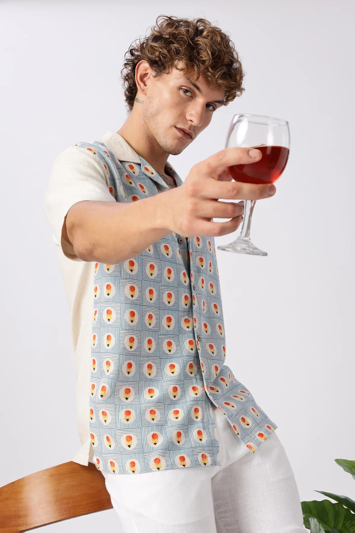 Retro Geometric Print Cuban Collar Style Shirt