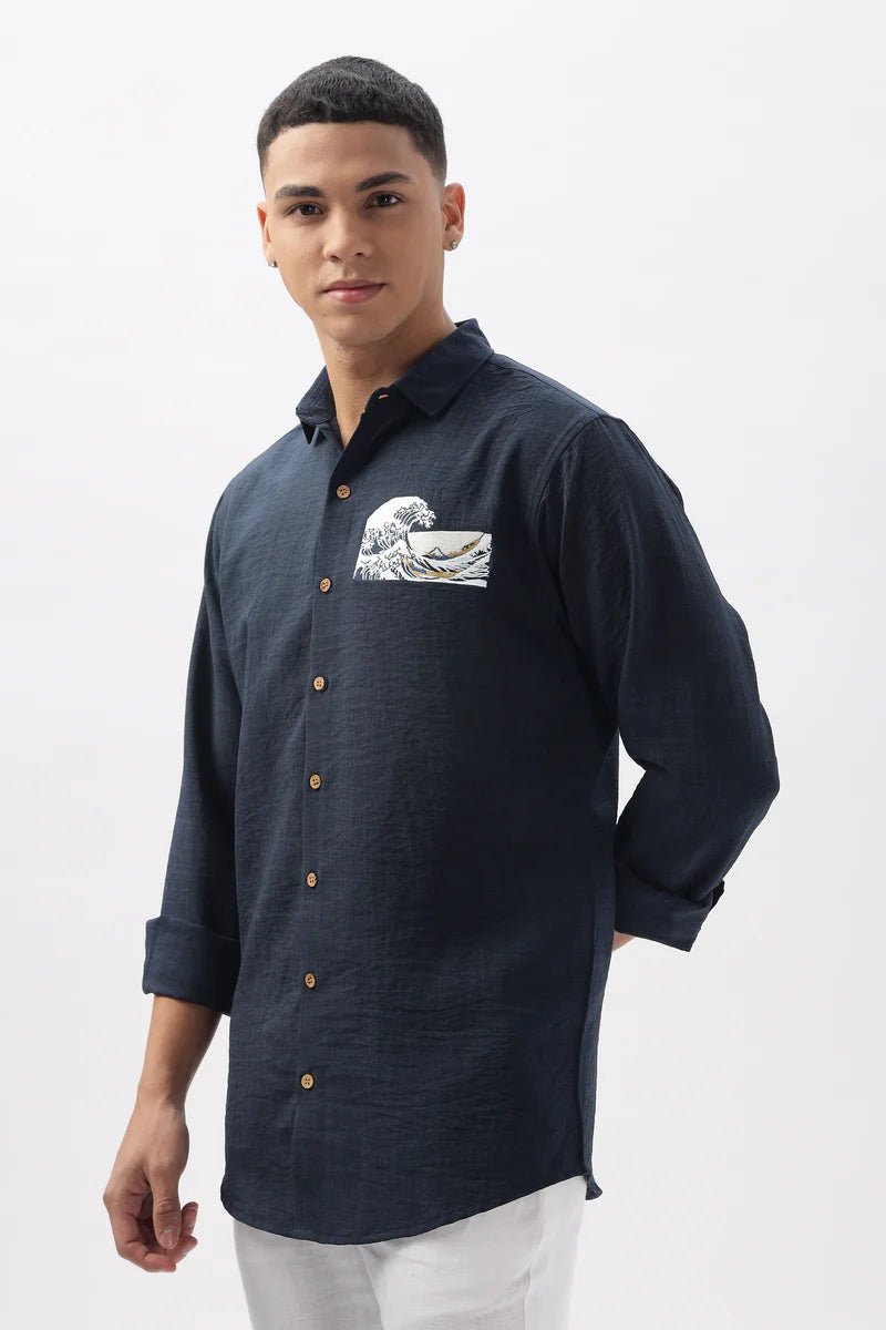 The "Turtle Cove" Wave Blue Embroidery Shirt