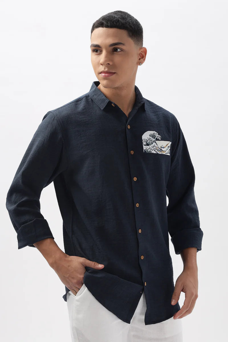 The "Turtle Cove" Wave Blue Embroidery Shirt