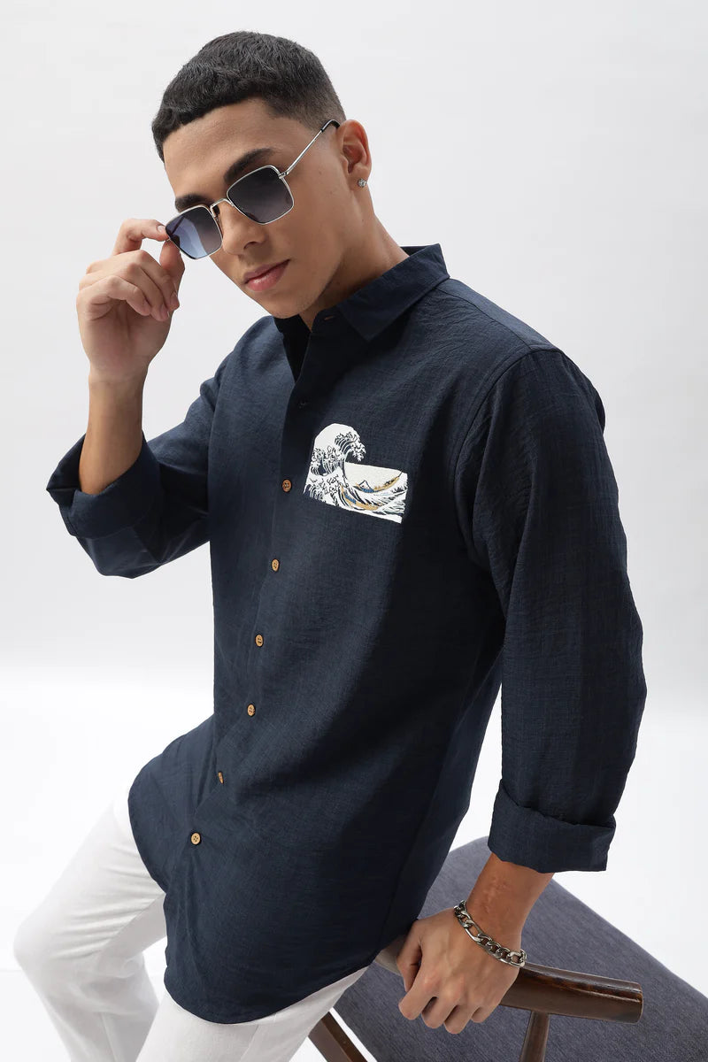 The "Turtle Cove" Wave Blue Embroidery Shirt