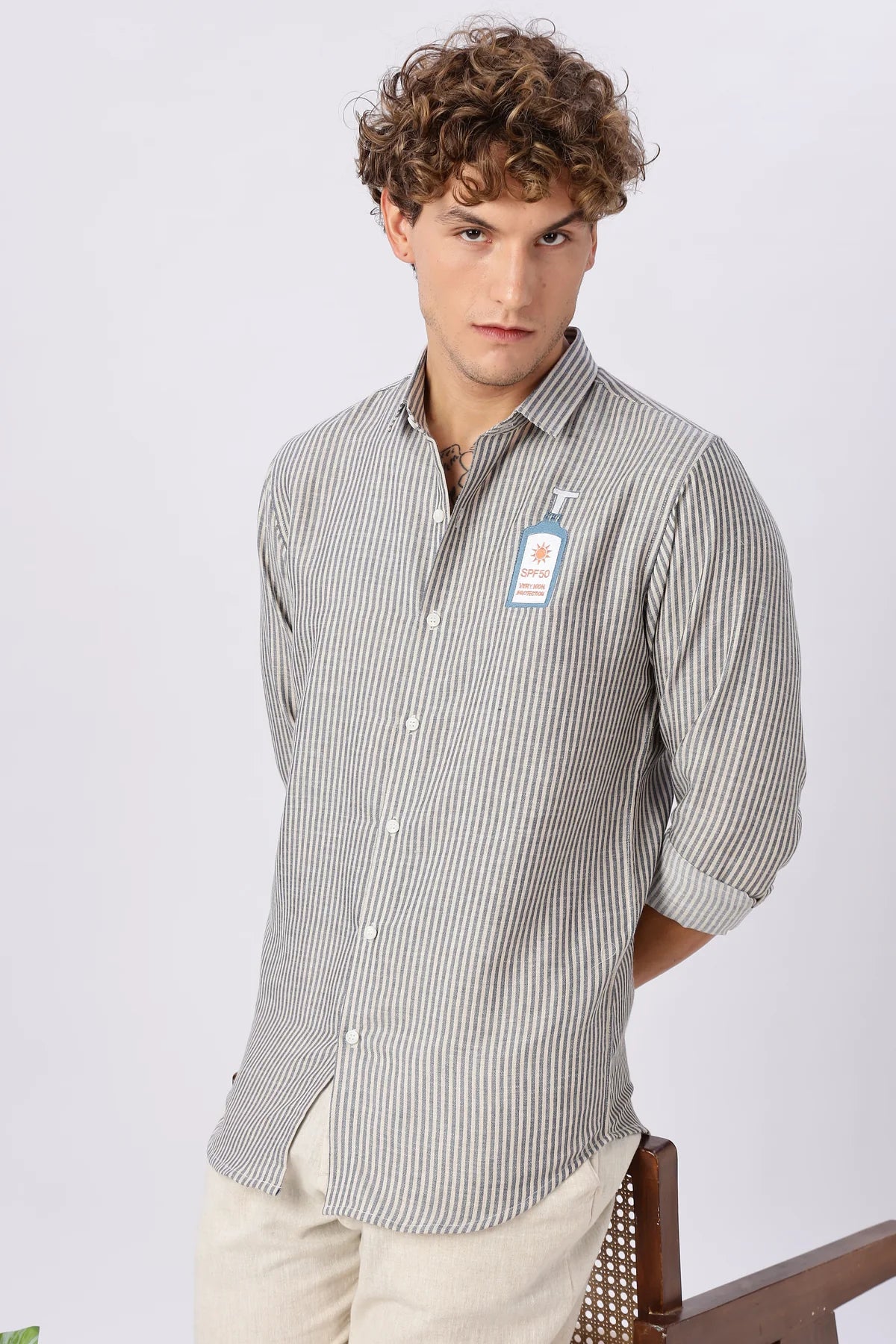 Certified Sunblocker Embroidery Striped Shirt