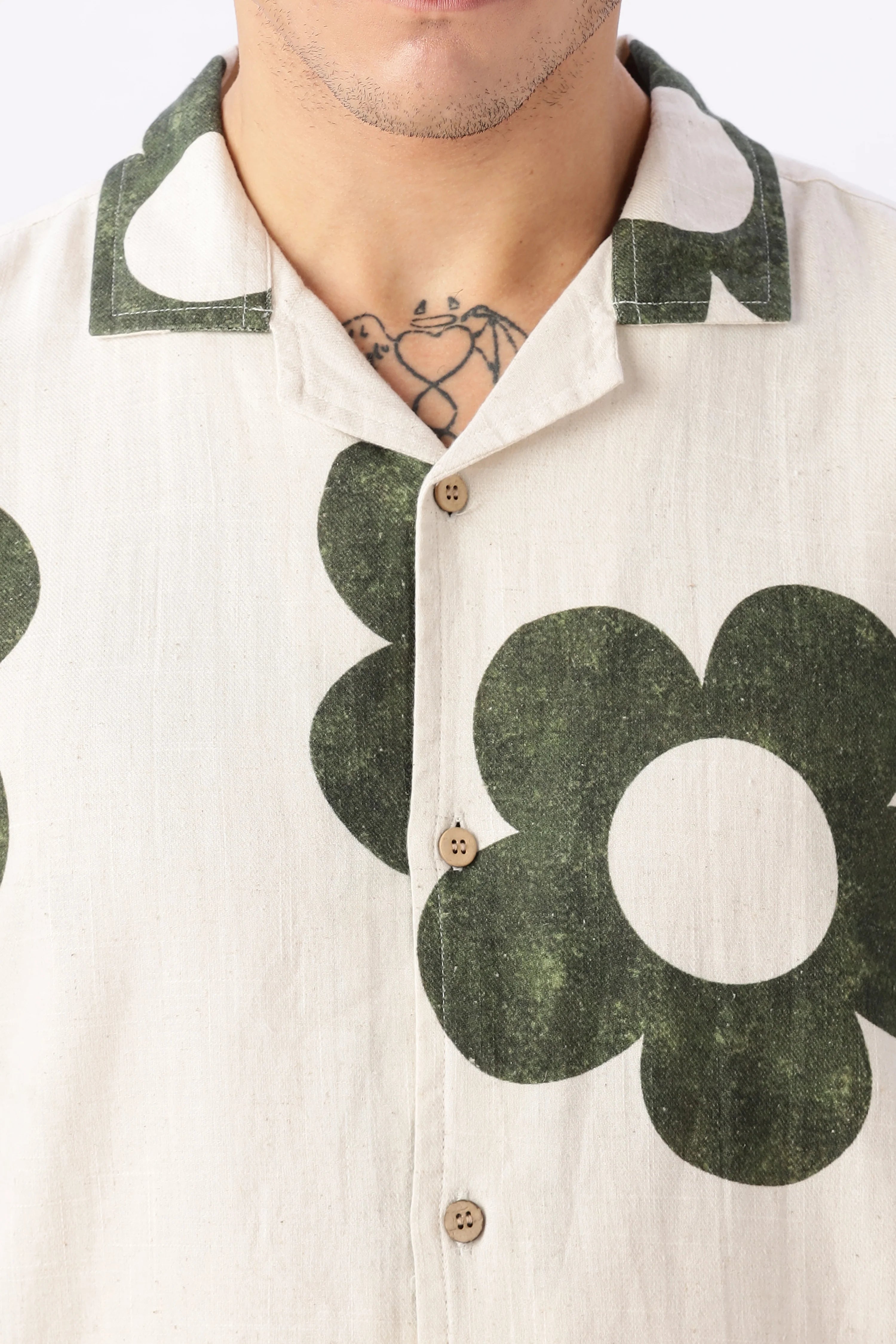 Vintage Green Floral Cuban Collar Cream Shirt