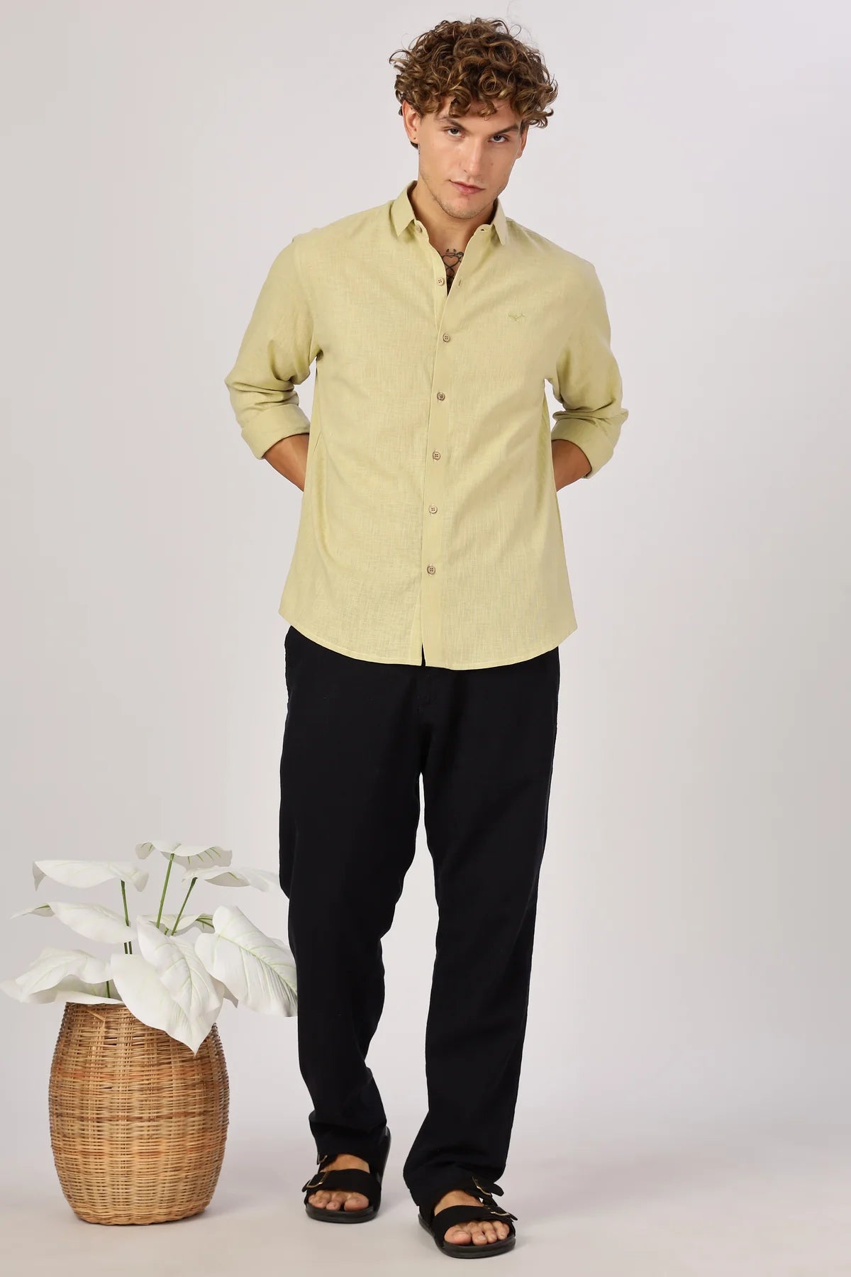 Fresh Pistachio 100% Cotton Mock-Linen Essential Shirt