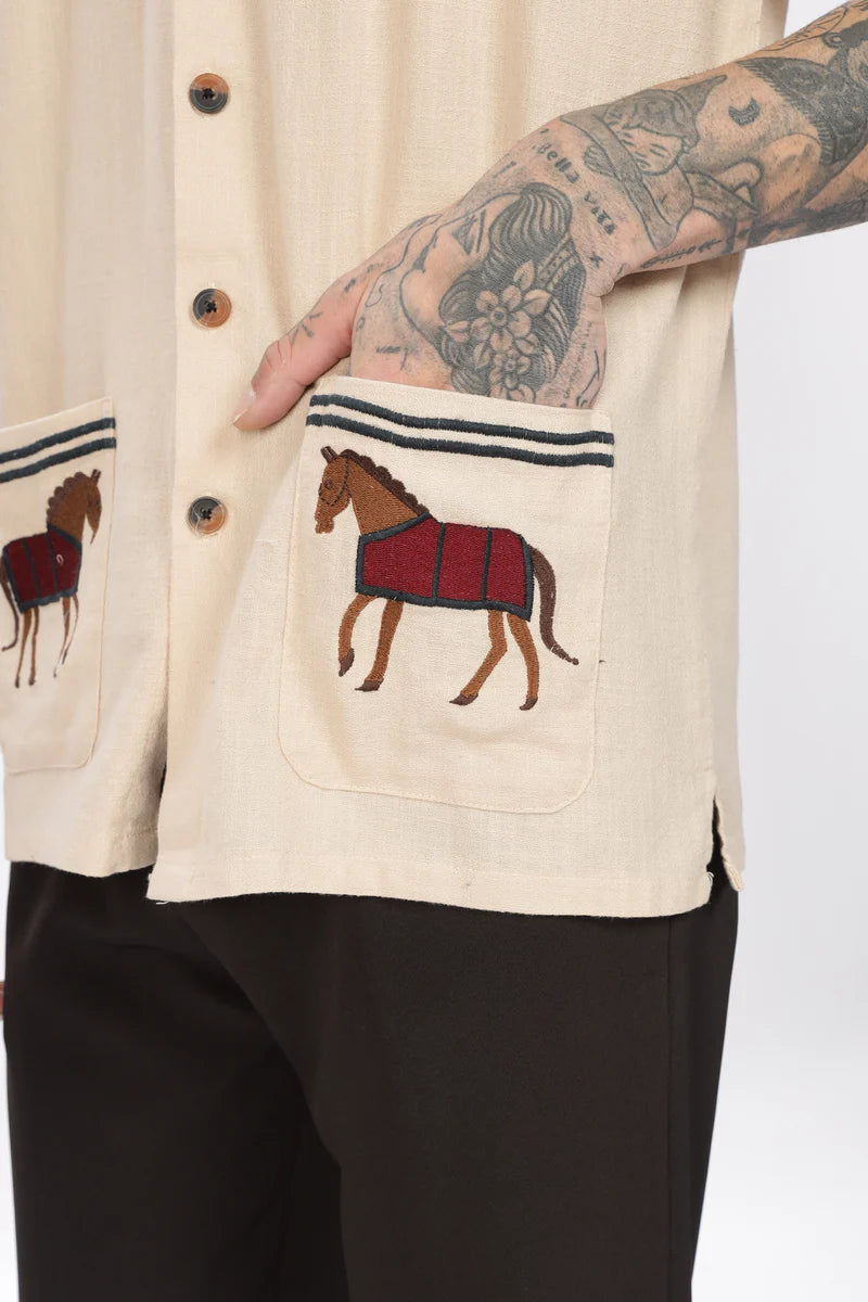 Cavallo Beige Full Sleeves Embroidery Shirt