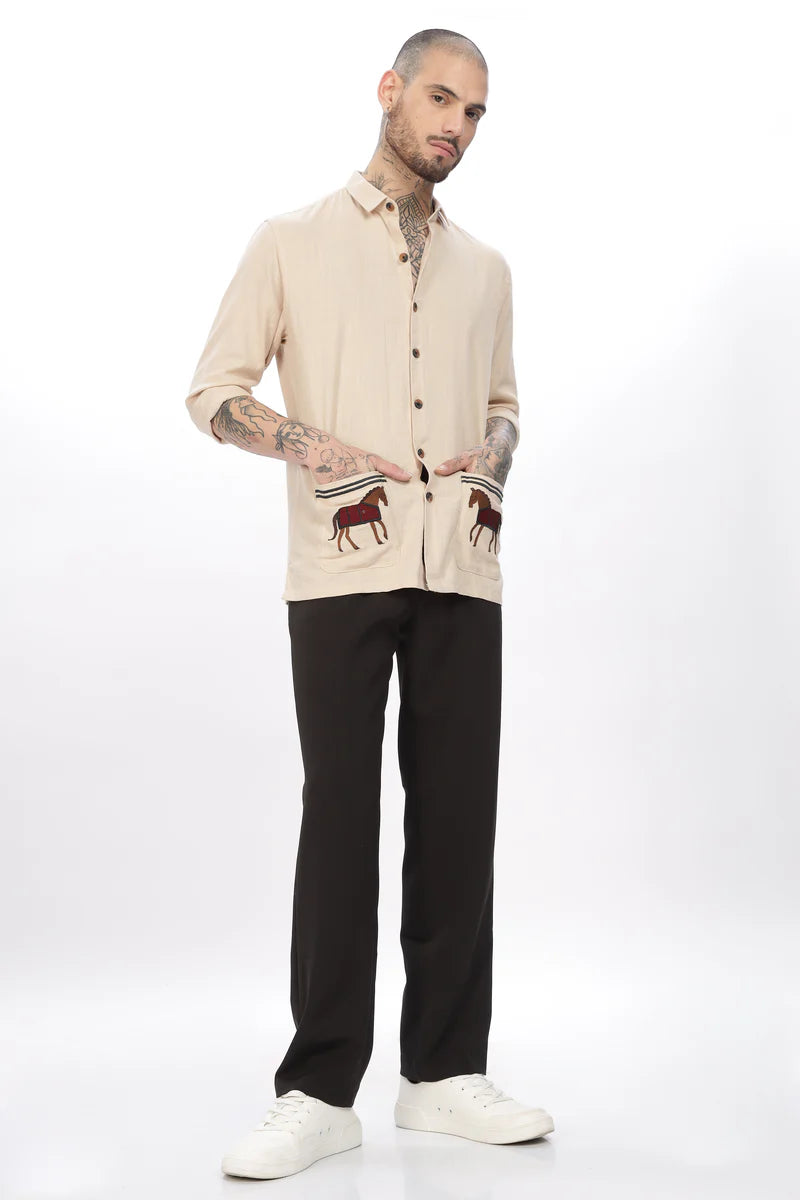 Cavallo Beige Full Sleeves Embroidery Shirt