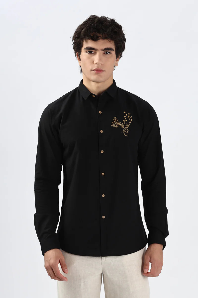 Arctic Reindeer Black Embroidery Shirt