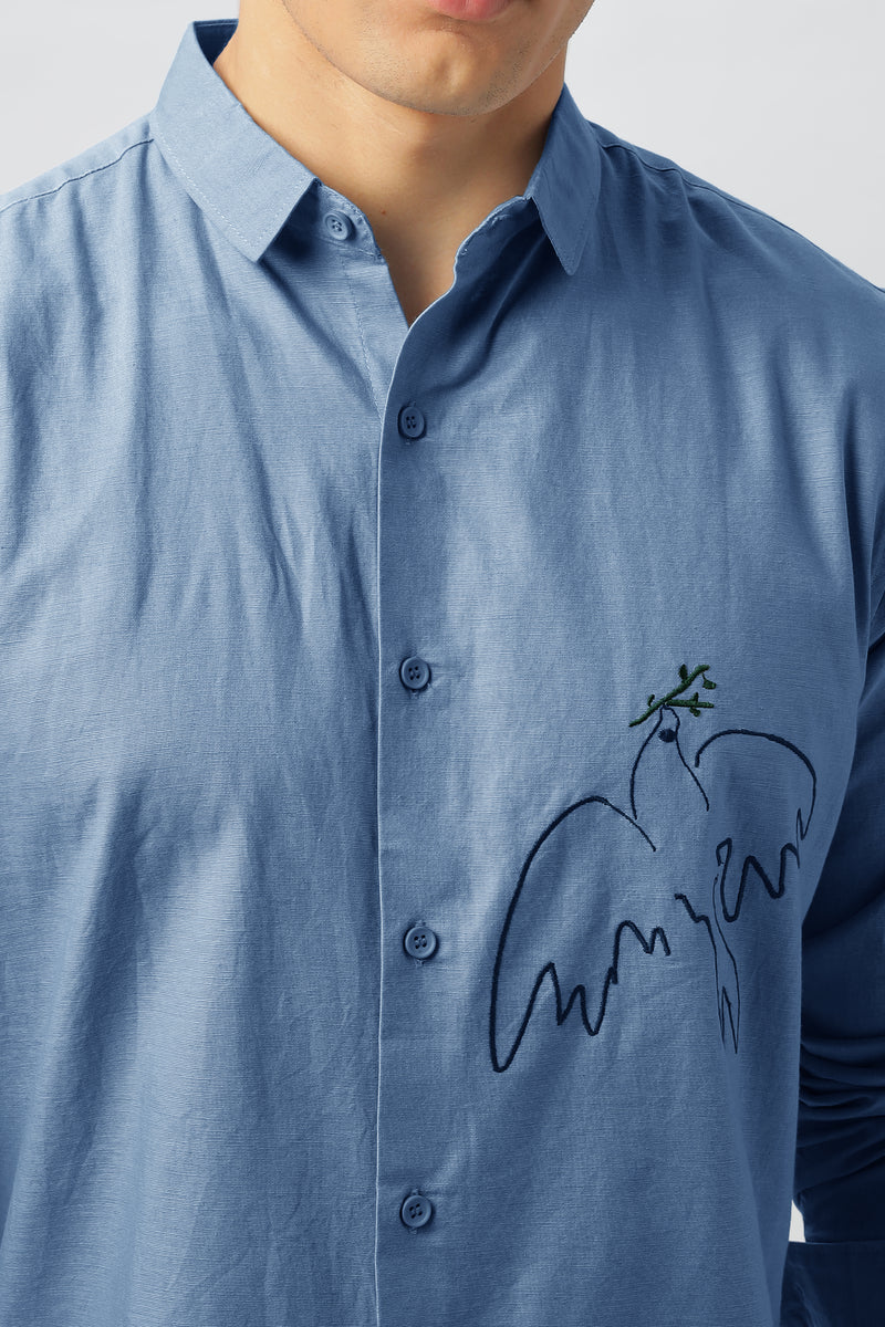 Emblem of Peace Blue Embroidery Linen Shirt