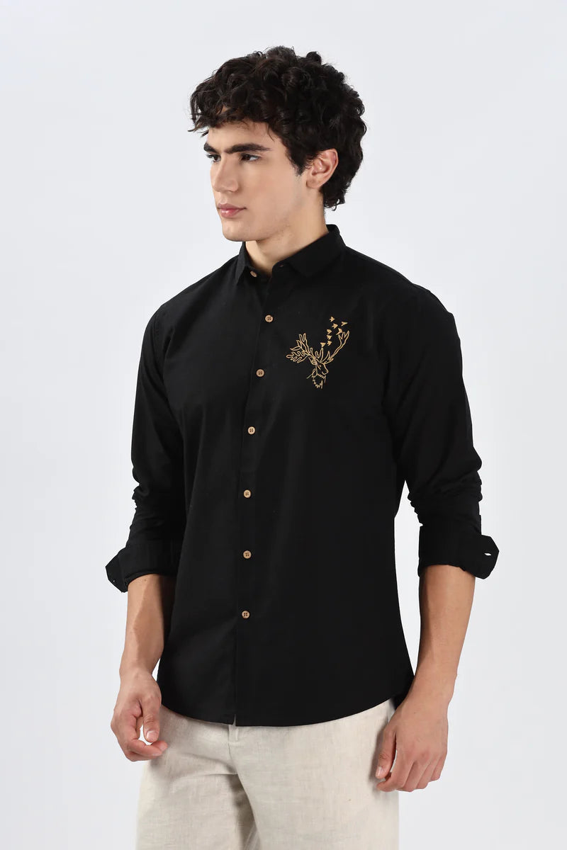 Arctic Reindeer Black Embroidery Shirt