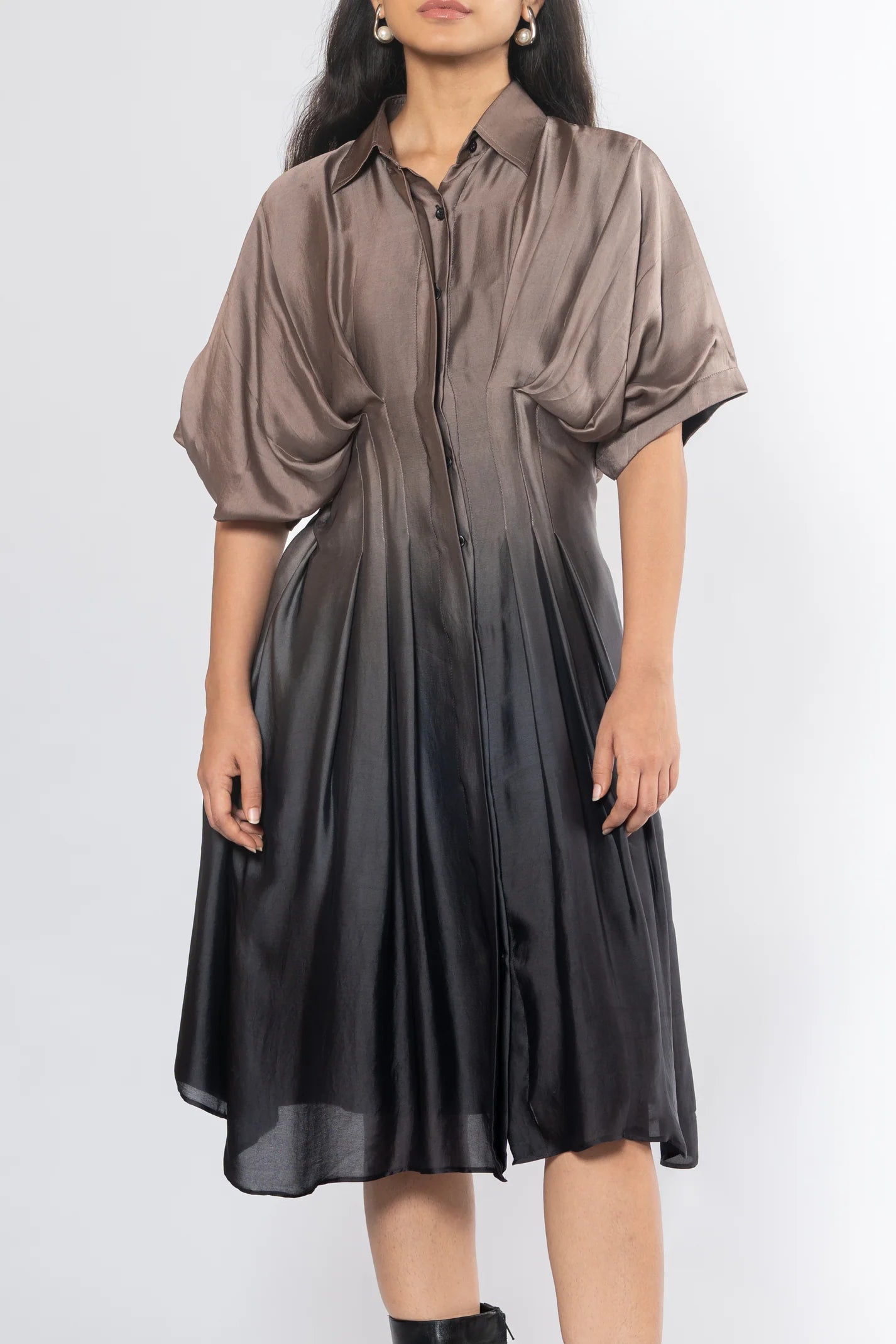 Ombre Brown Pleated Shirt Dress