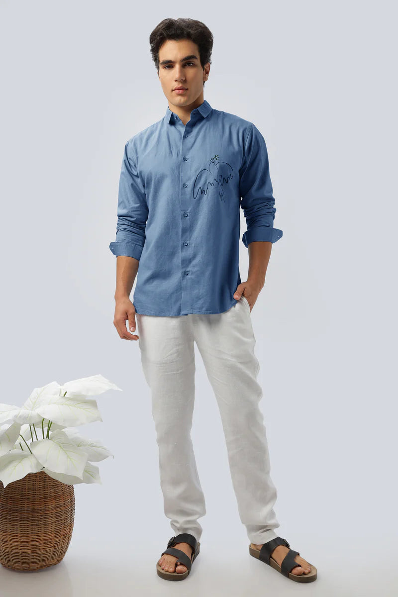 Emblem of Peace Blue Embroidery Linen Shirt