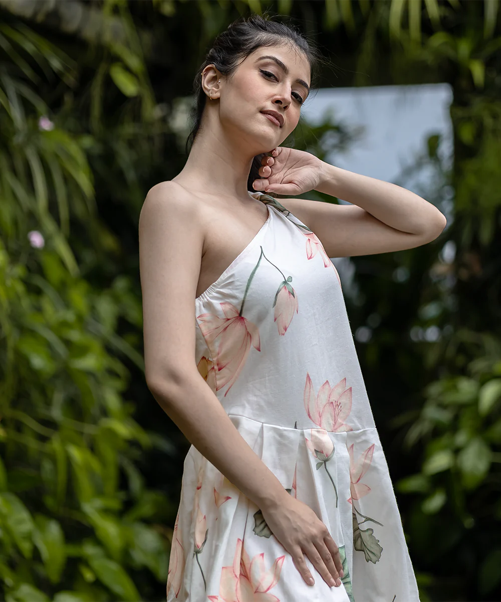 Simran Luthria in Lotus one shoulder dress