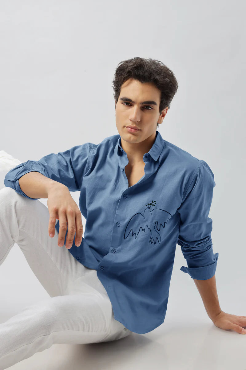 Emblem of Peace Blue Embroidery Linen Shirt