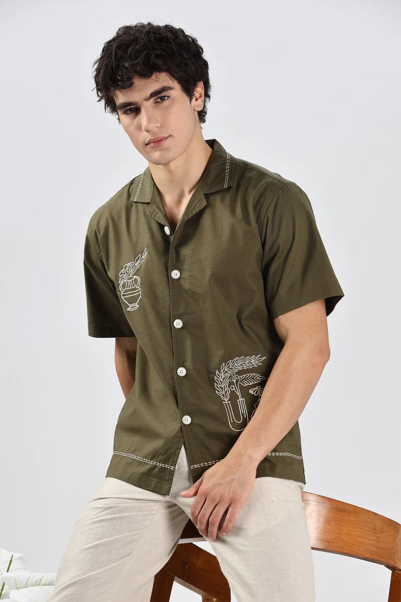 Oslo Olive Green Pottery Embroidery Shirt