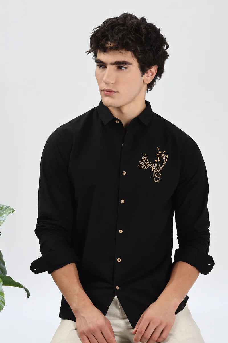 Arctic Reindeer Black Embroidery Shirt