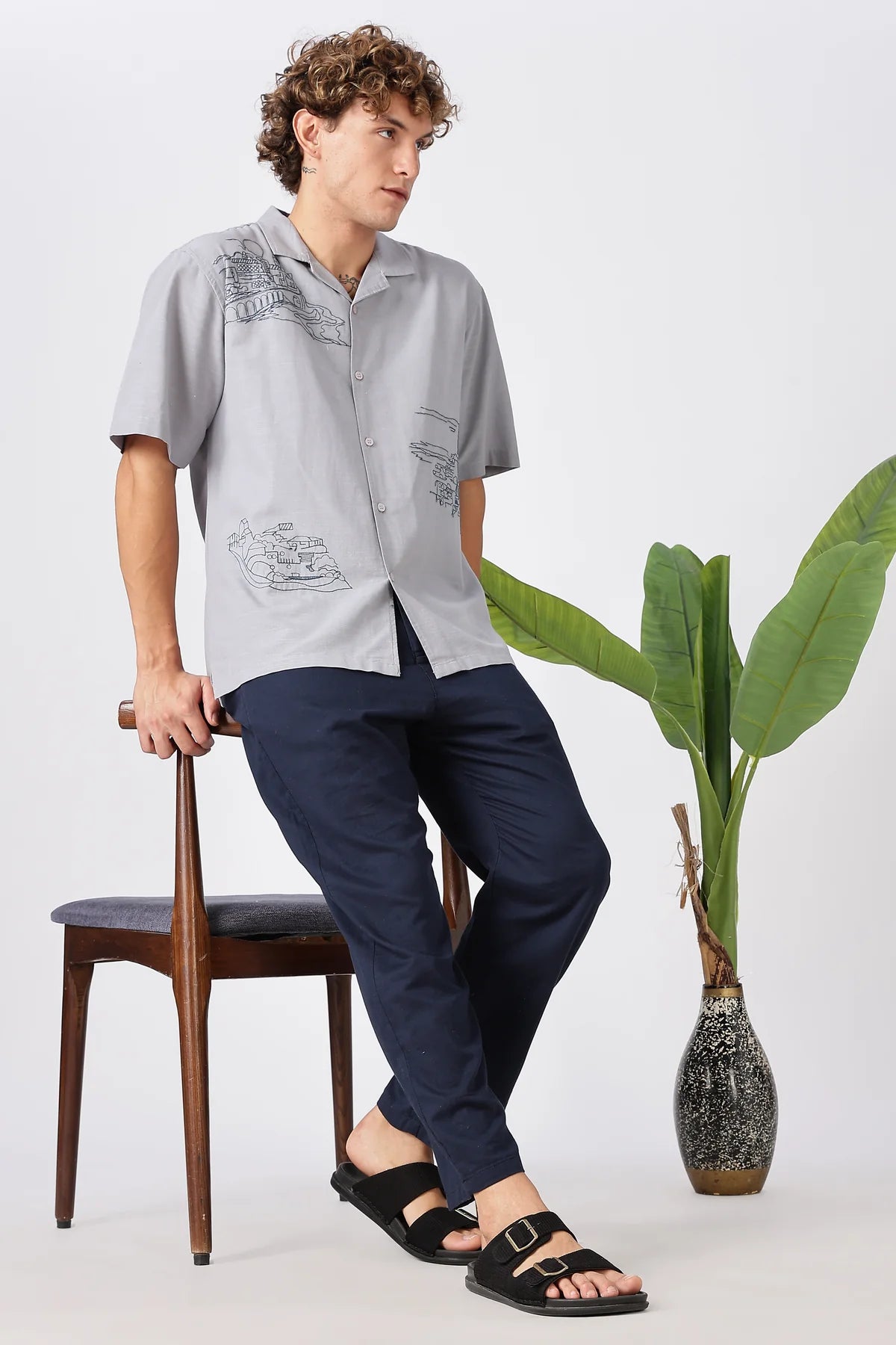 Linen-style 100% Cotton Straight Fit Navy Blue Pant