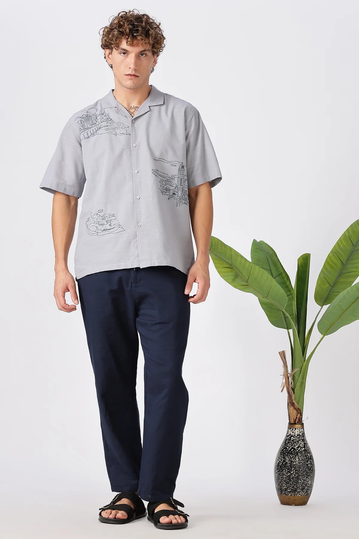 Linen-style 100% Cotton Straight Fit Navy Blue Pant
