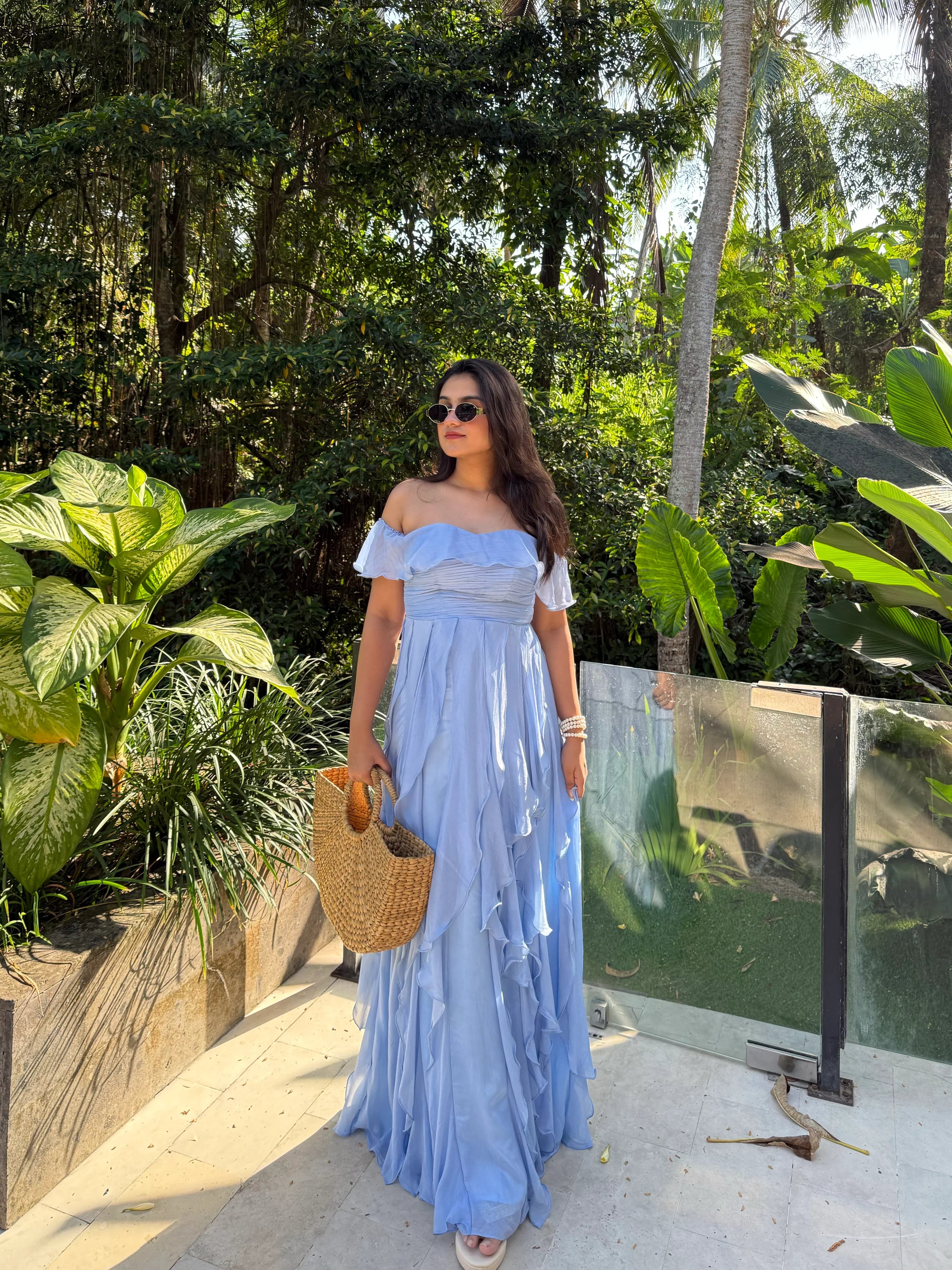 Powder Blue Off-Shoulder Ruffle Maxi Dress Murzban Powder Blue Off-Shoulder Ruffle Maxi Dress Murzban