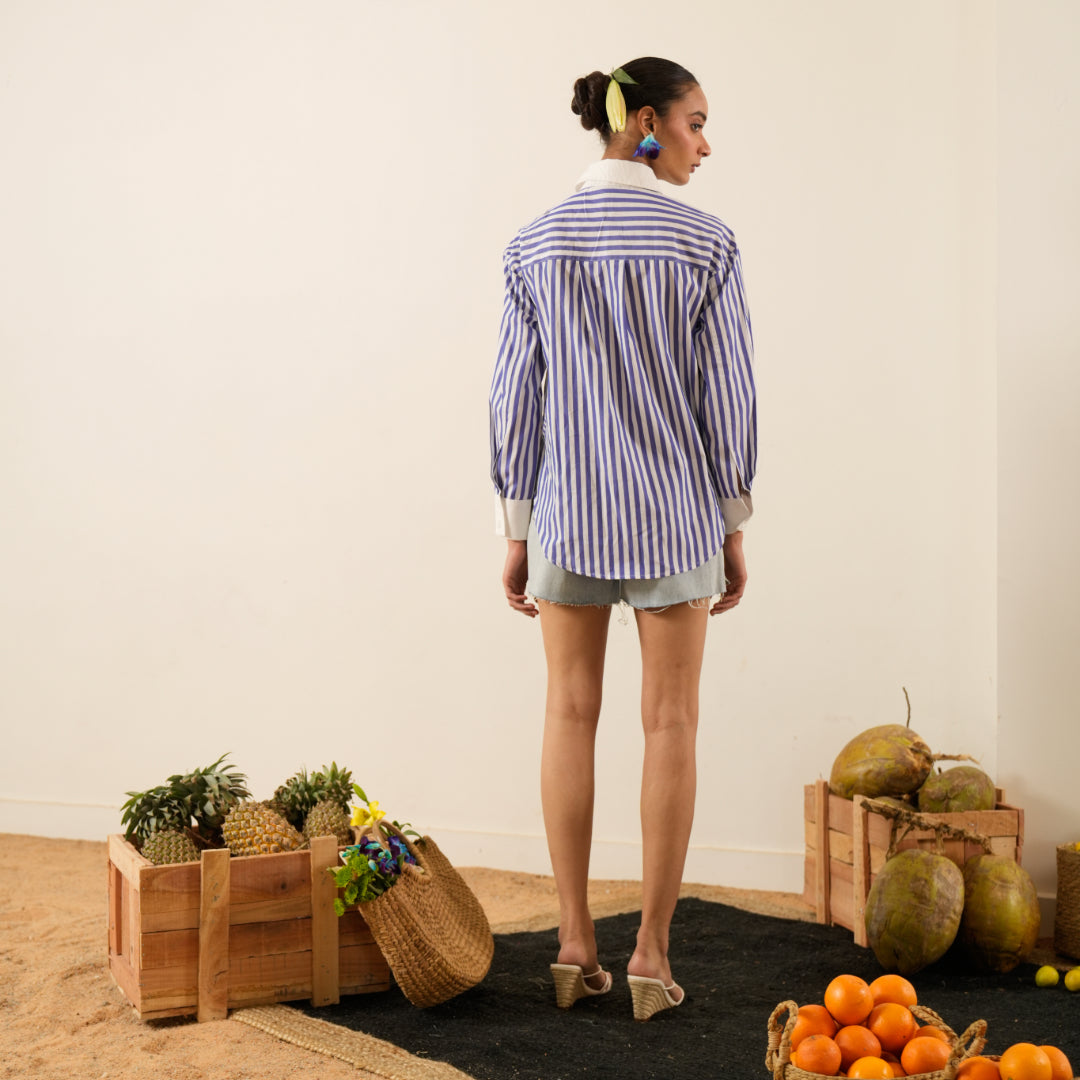 Blue Stripes Cotton Poplin T-shirt