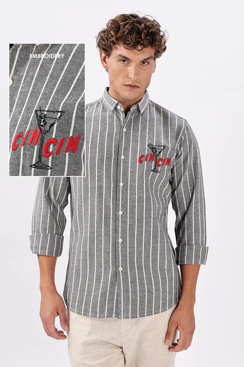 Cin Cin Striped Grey Embroidered Shirt