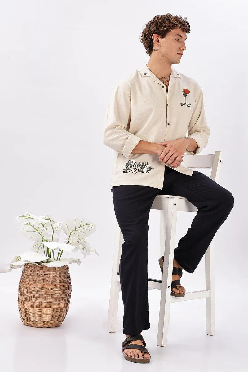 Costa Biege Sahara Box Fit Embroidery Shirt