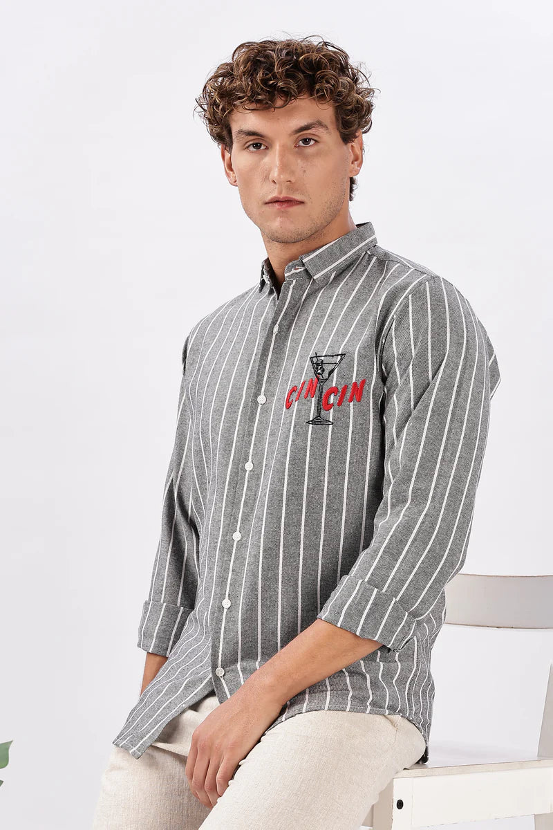 Cin Cin Striped Grey Embroidered Shirt