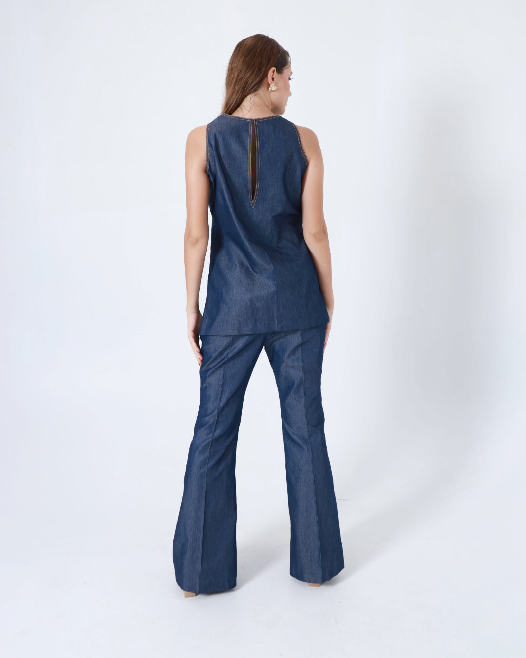 Denim Halter Neck Floral Pearl and Dapka Work Co-ord