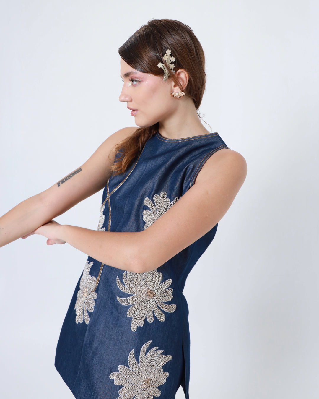 Denim Halter Neck Floral Pearl and Dapka Work Co-ord