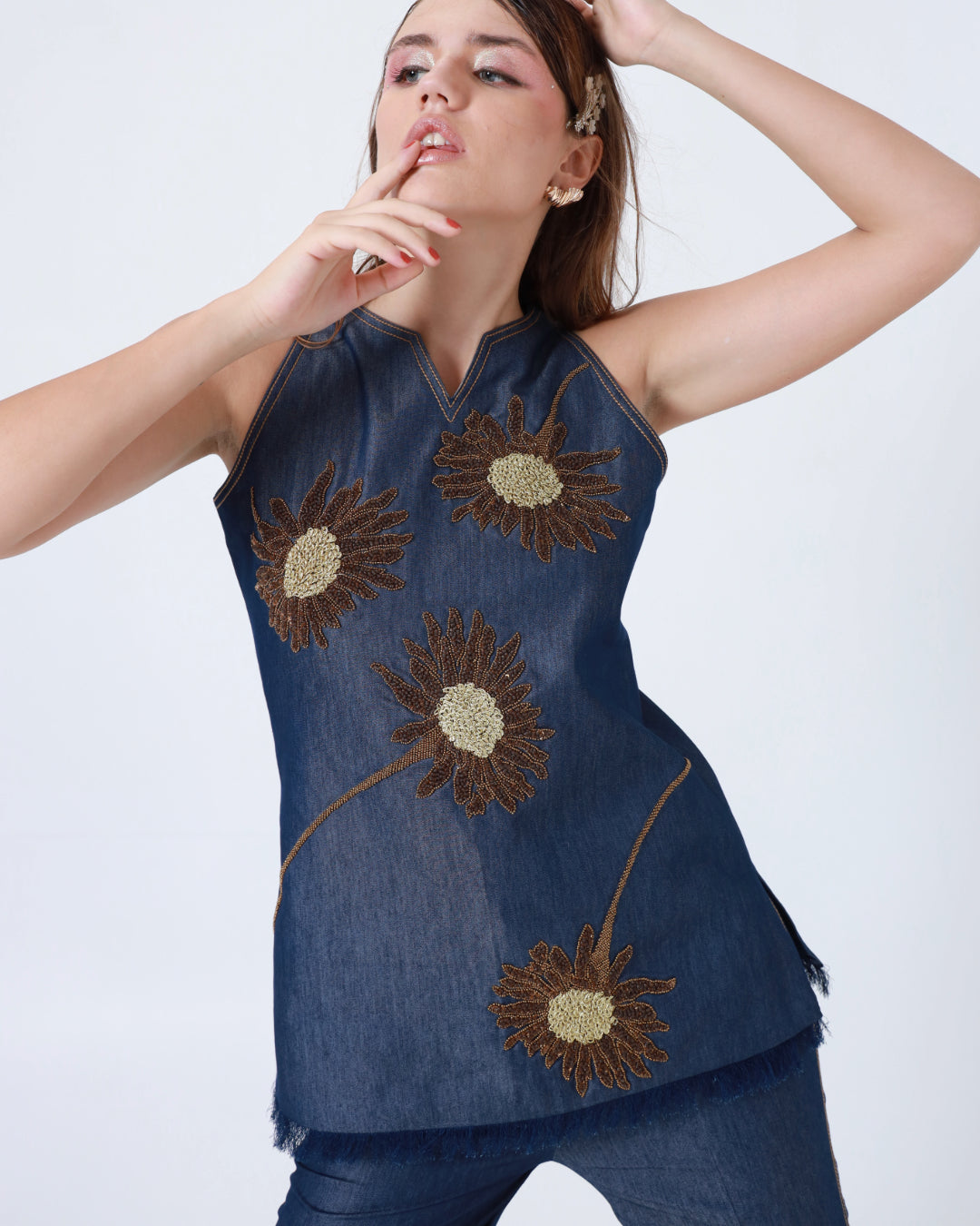 Denim Halter Neck Sunflower