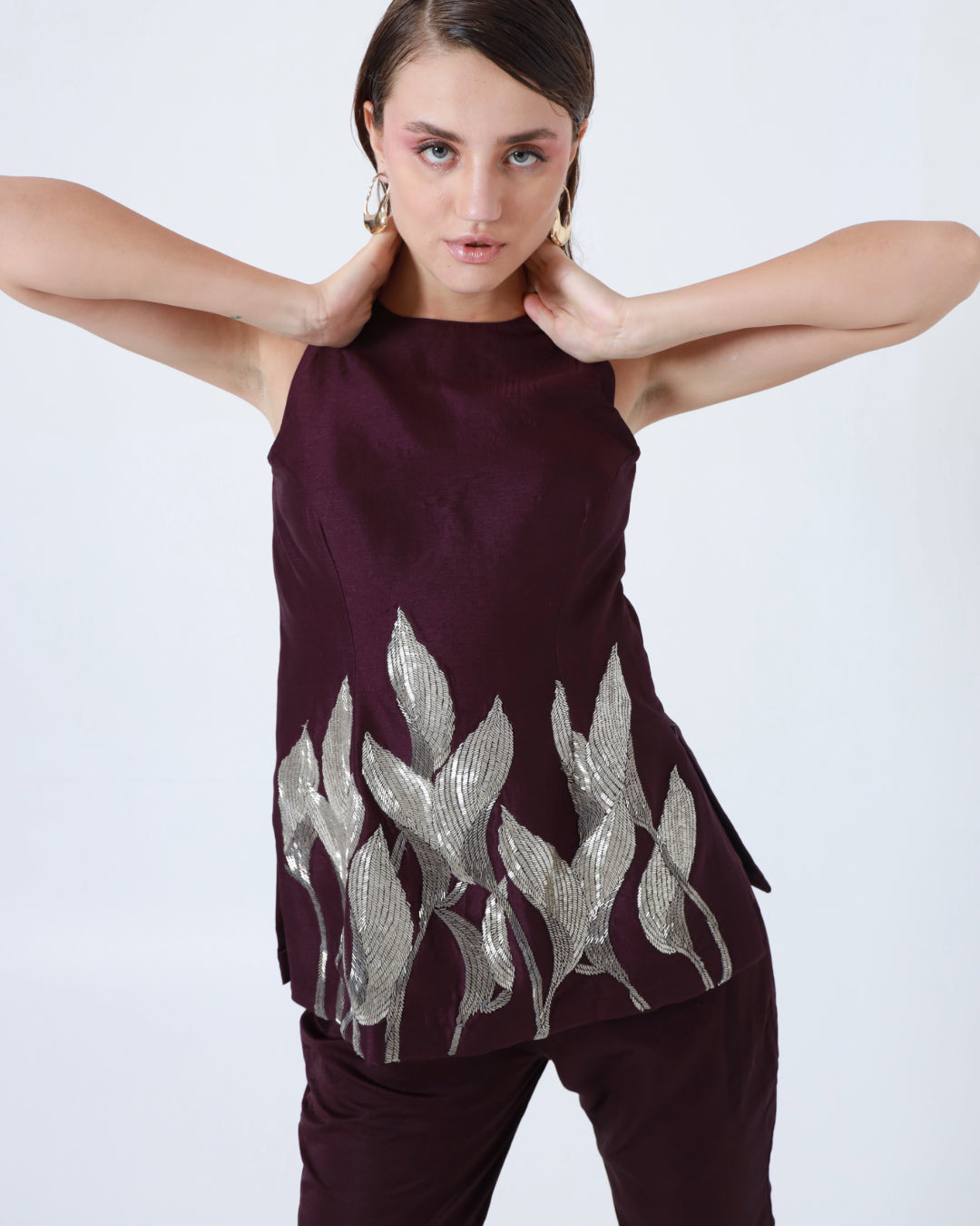 Wine Halter Neck Silver and Grey Leaves Co-ord