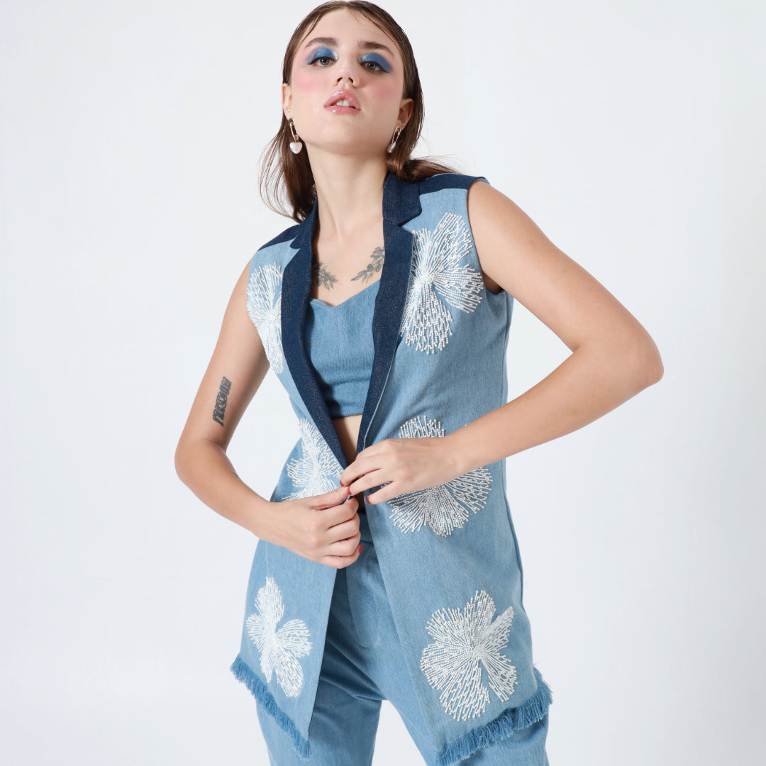 Denim Blue Frill Jacket, Bustier and Pants