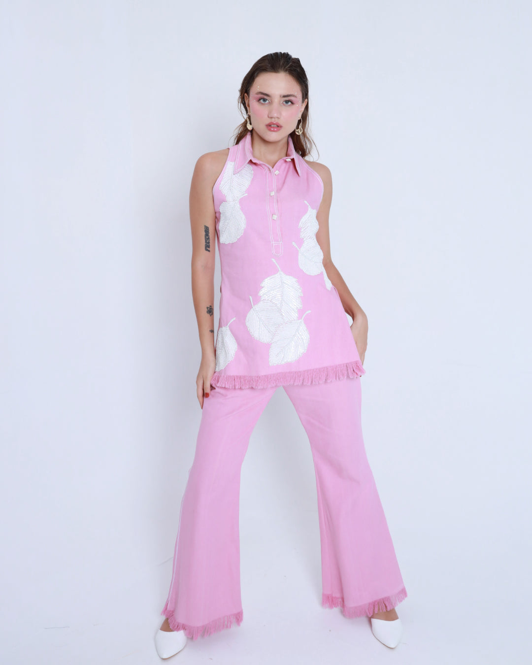Halter Neck Sleeveless Pink Denim