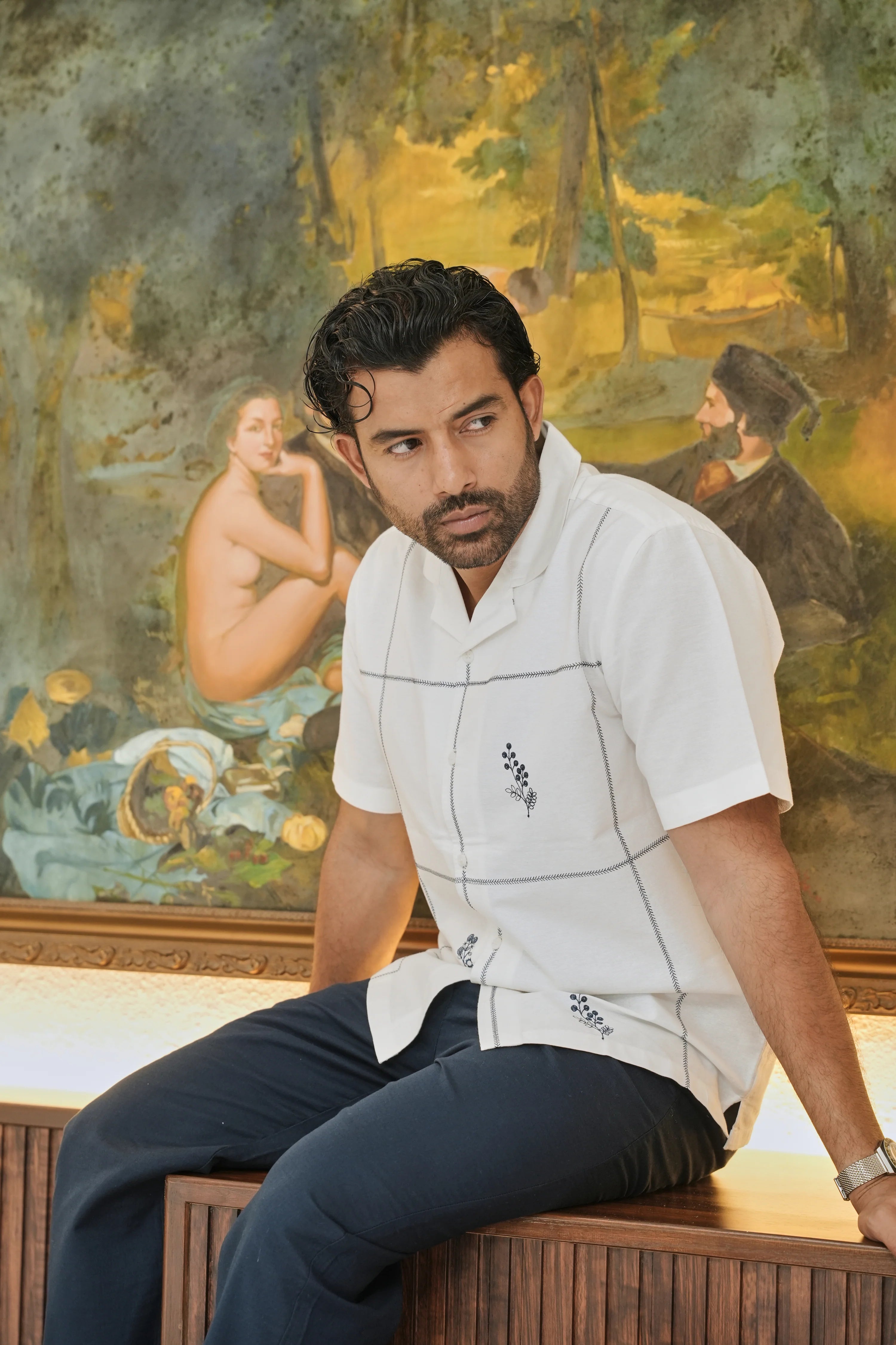 Coastal Grid Embroidered Cuban White Shirt