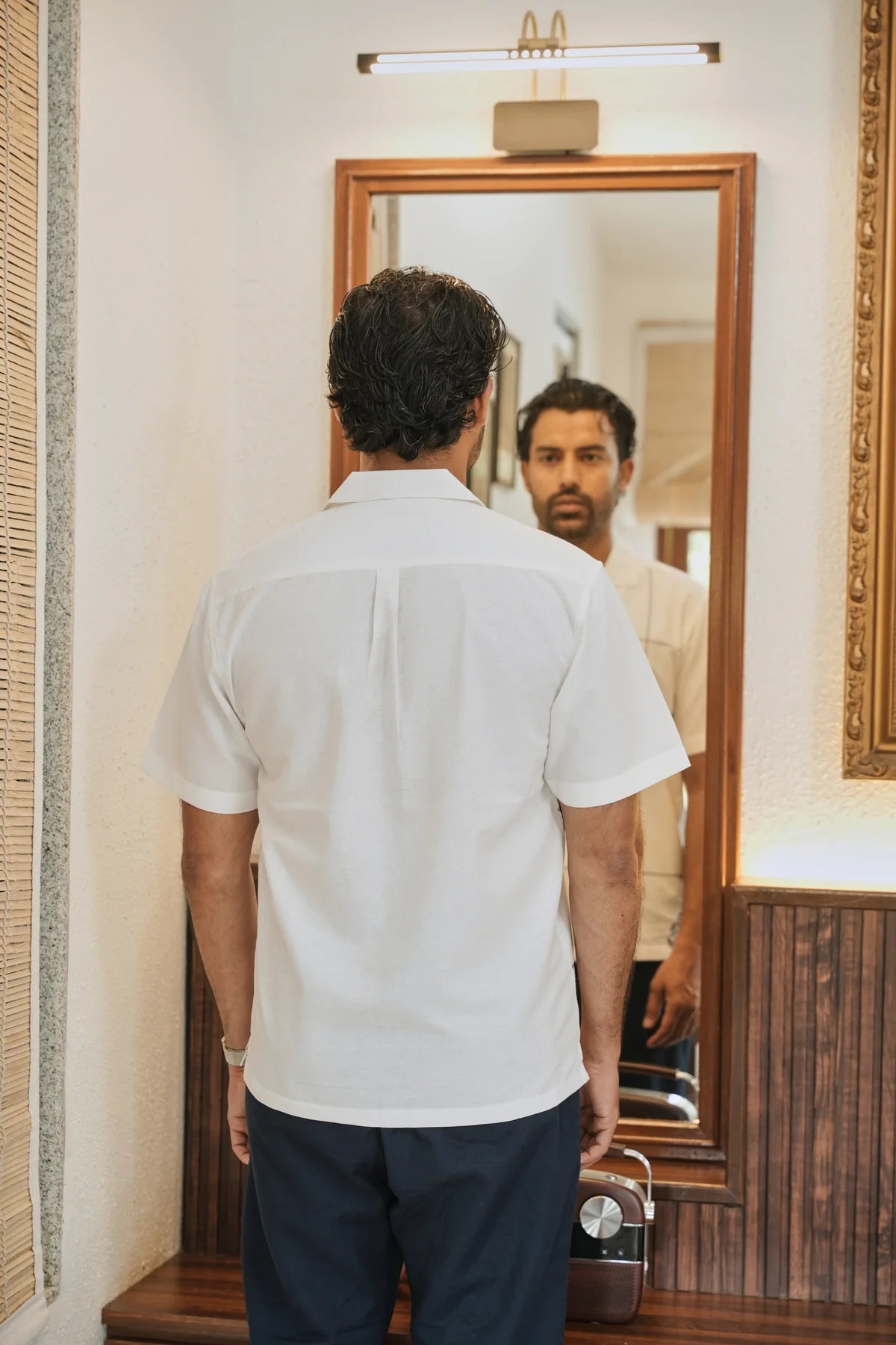 Coastal Grid Embroidered Cuban White Shirt