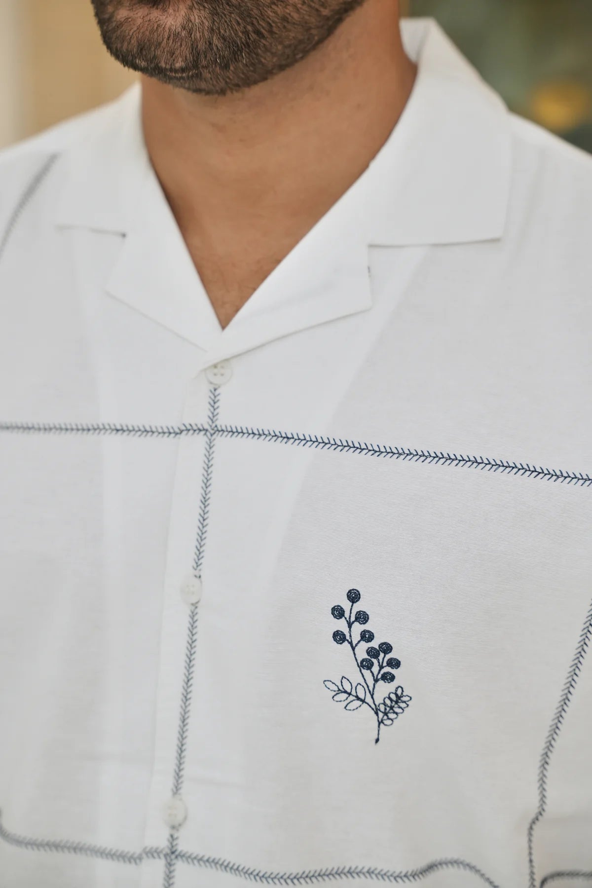 Coastal Grid Embroidered Cuban White Shirt