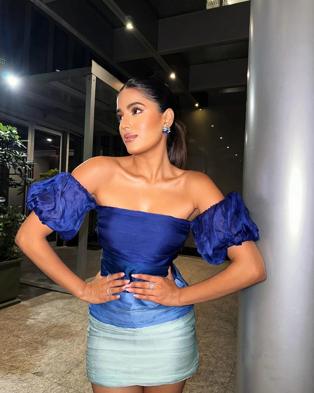 Blue Organza Off Shoulder Dress