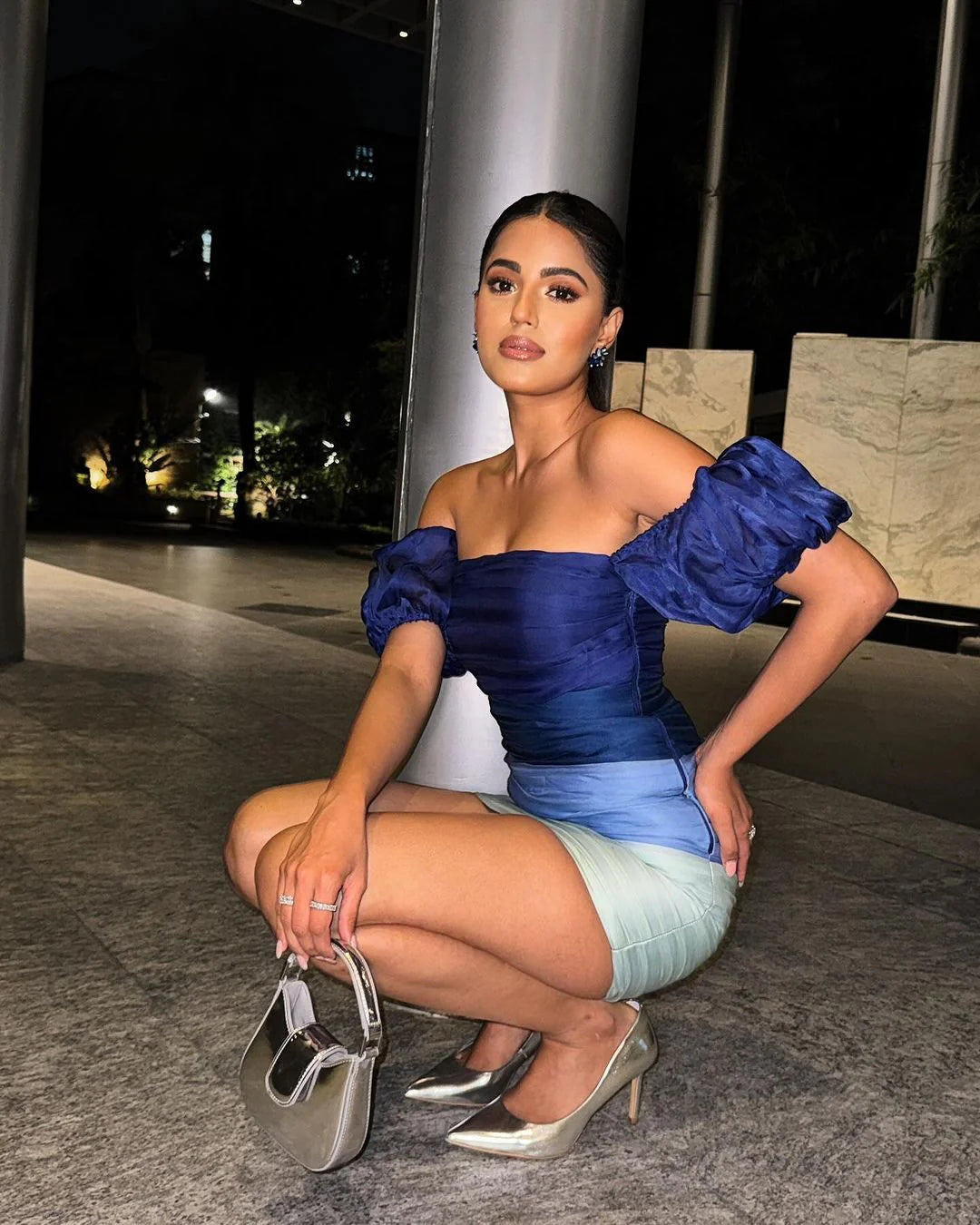 Blue Organza Off Shoulder Dress