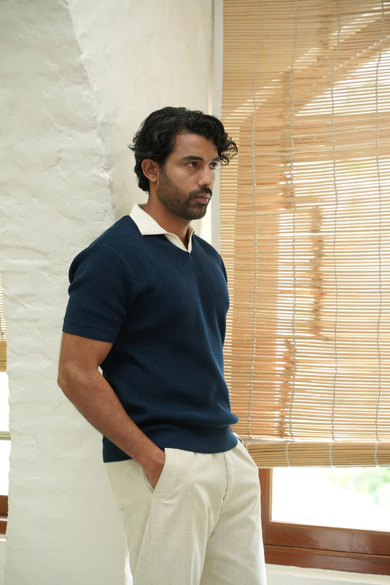 Navy Contrast Collar Flat Knit Polo