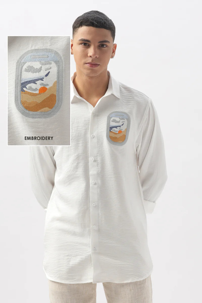 Arctic White Wanderlust Embroidered Shirt